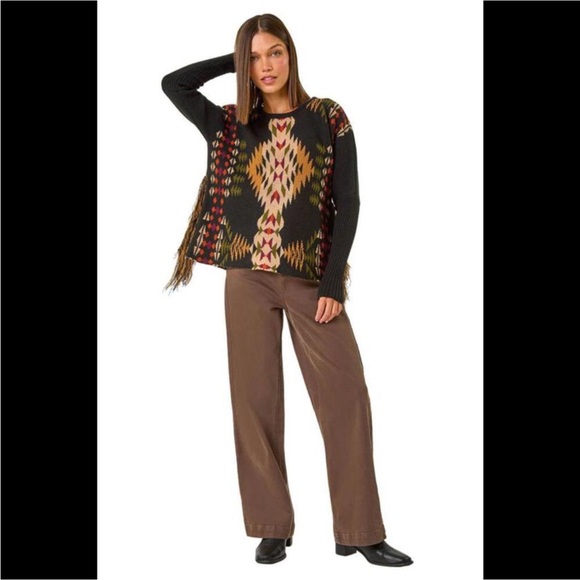 NWT Cotton & Rye Women's Southwestern Fringe Poncho Sweater Olive Brown size S - Picture 4 of 13